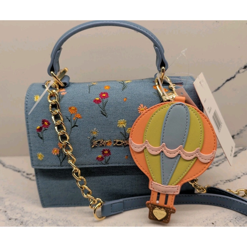Betsey Johnson Denim Floral Embroidered Handbag Crossbody Balloon Bag Charm‎ NWT